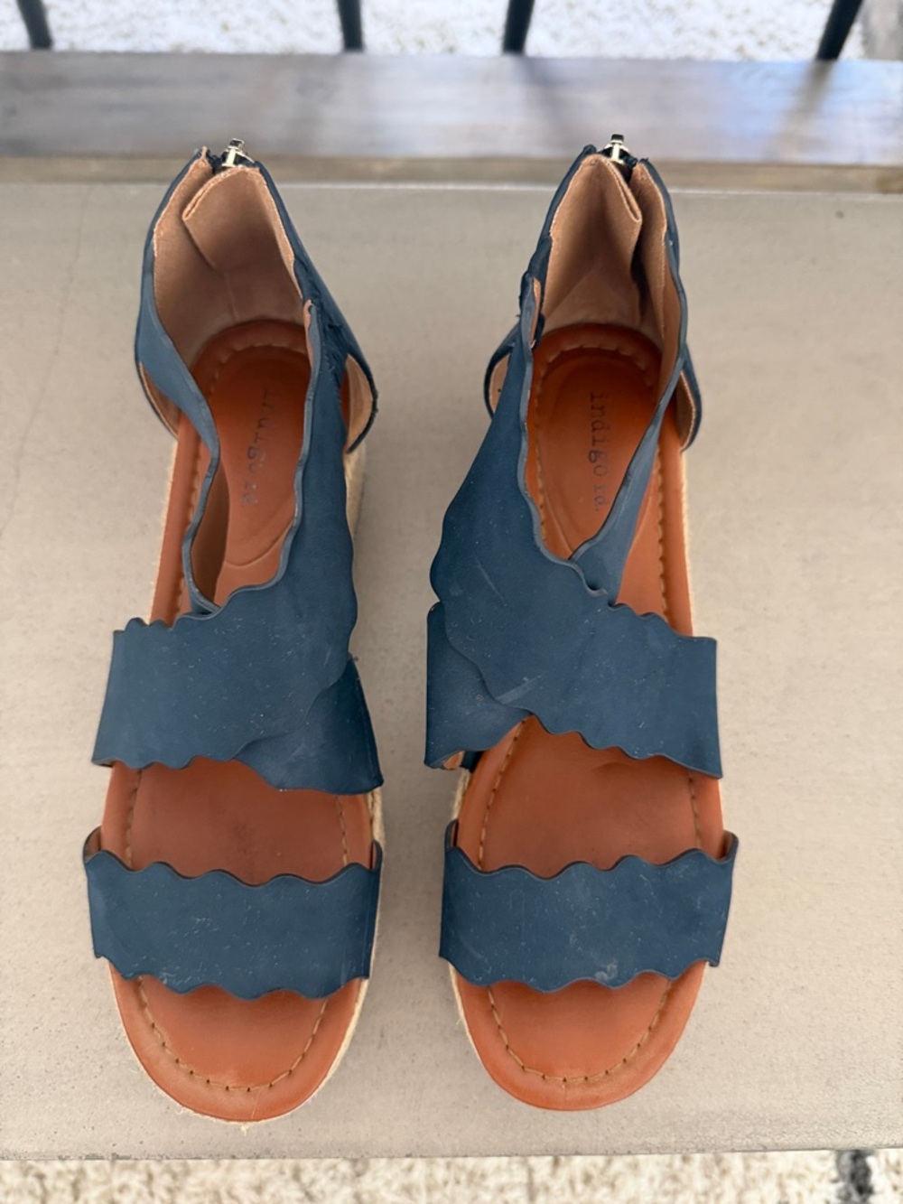 Indigo Navy Scalloped-Strap Sandals with Tan Footbed